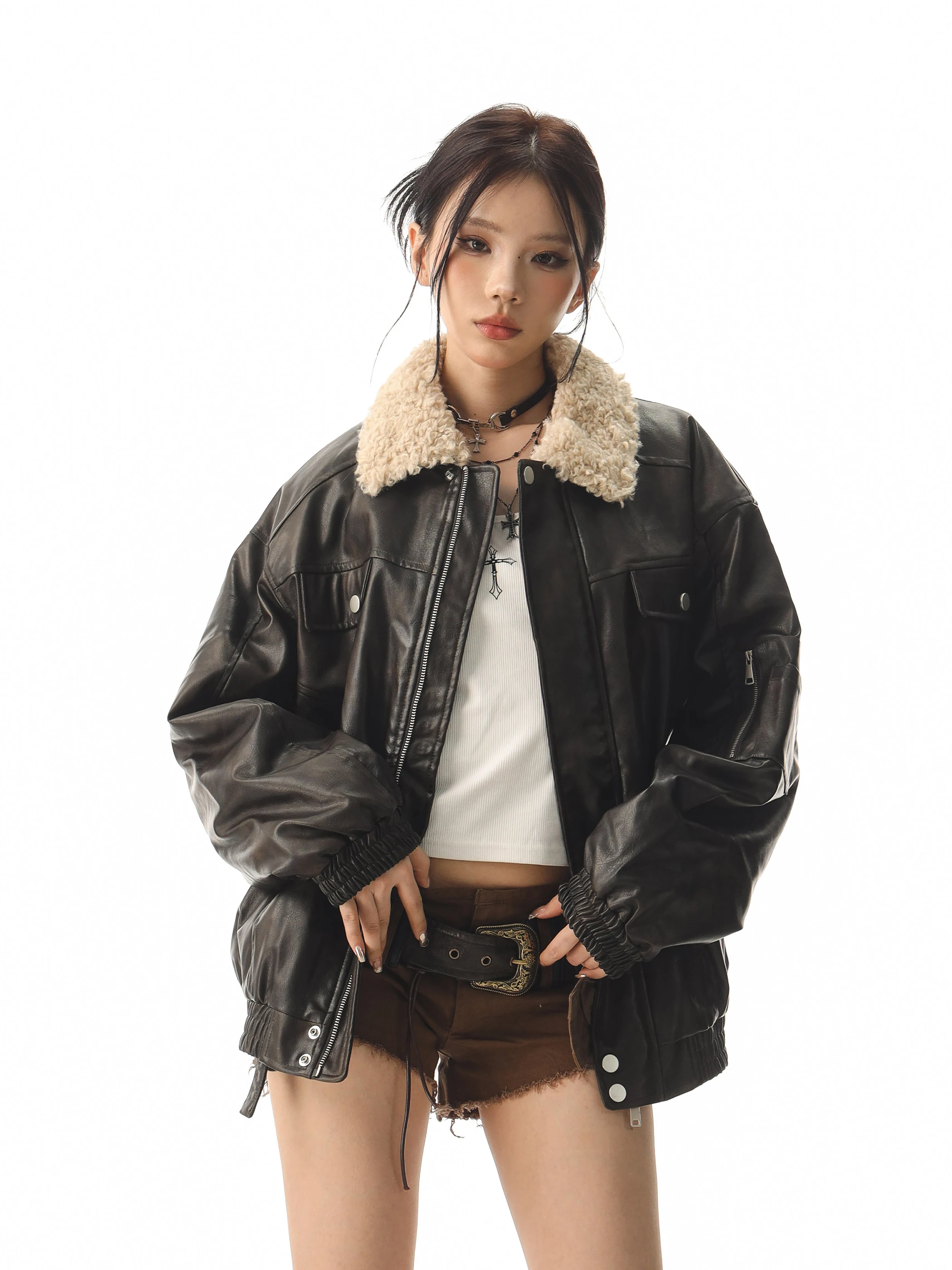 

Капитан Пиво, зимнее американское ретро-комір с меховой отделкой, хлопковое дэт, женское универсальное кожаное пальто из смеси хлопка из искусственной кожи, уличное S...