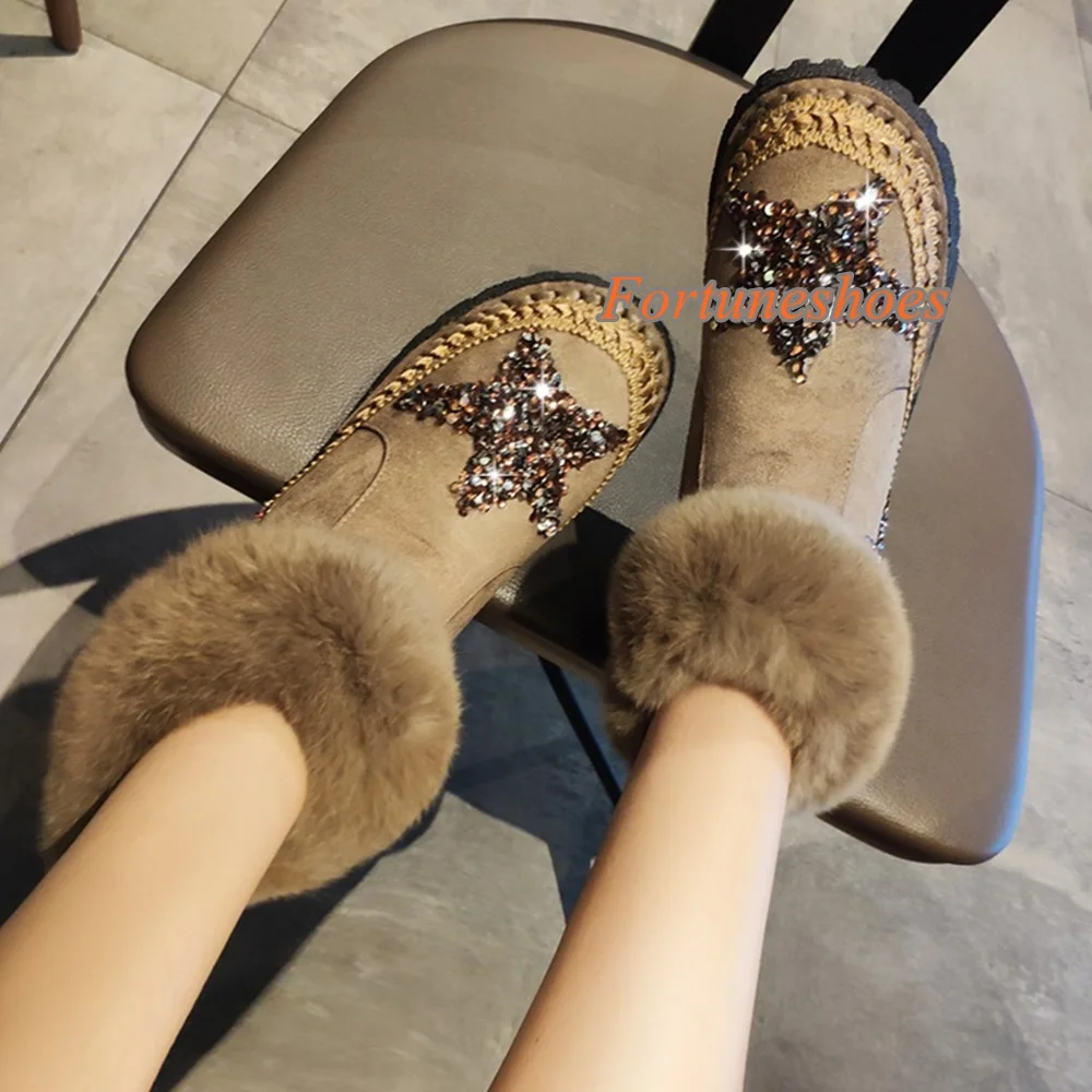 

Crystal Rhinestone Women Boots Fashion Side Zipper Chunky Heel Round Toe Boots Casual 2025 Newest Mid Calf Winter Snow Boots