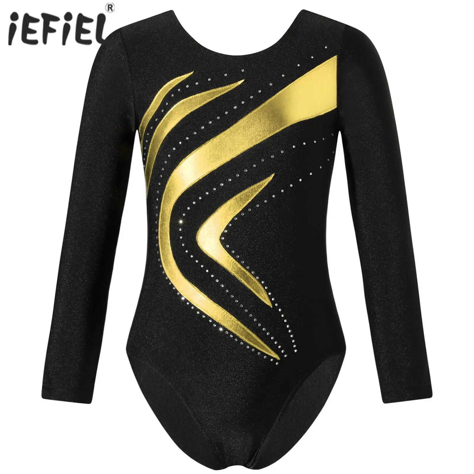 Girls Ballerina Tutu Dance Costume Shiny Rhinestone Bronzing Cloth Slim Fit Ballerina Bodysuit Long Sleeve Ballet Dance Leotards