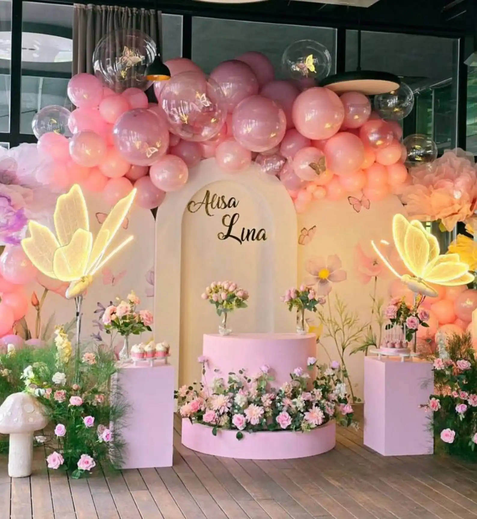 Mehofond Custom 2-Sided Purple Pink Butterfly Flowers Girls Birthday Party Baby Shower Cover Arch Wall Background Decor Backdrop