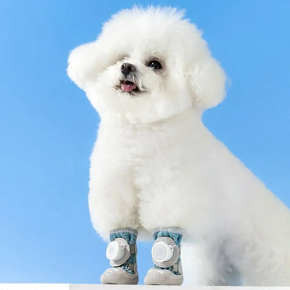 4Pcs/Set Breathable Button Dog Shoes Reflective Comfortable Dogs Mesh Shoes Soft Sole Anti-slip Dog Paw Protectors Outdoor