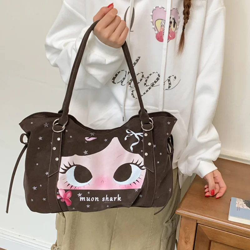 Cute Cartoon Girl Print Tote Bag Large Capacity Nylon Shoulder Handbag Rivet Decor Drawstring Design Casual Daily Women Purse