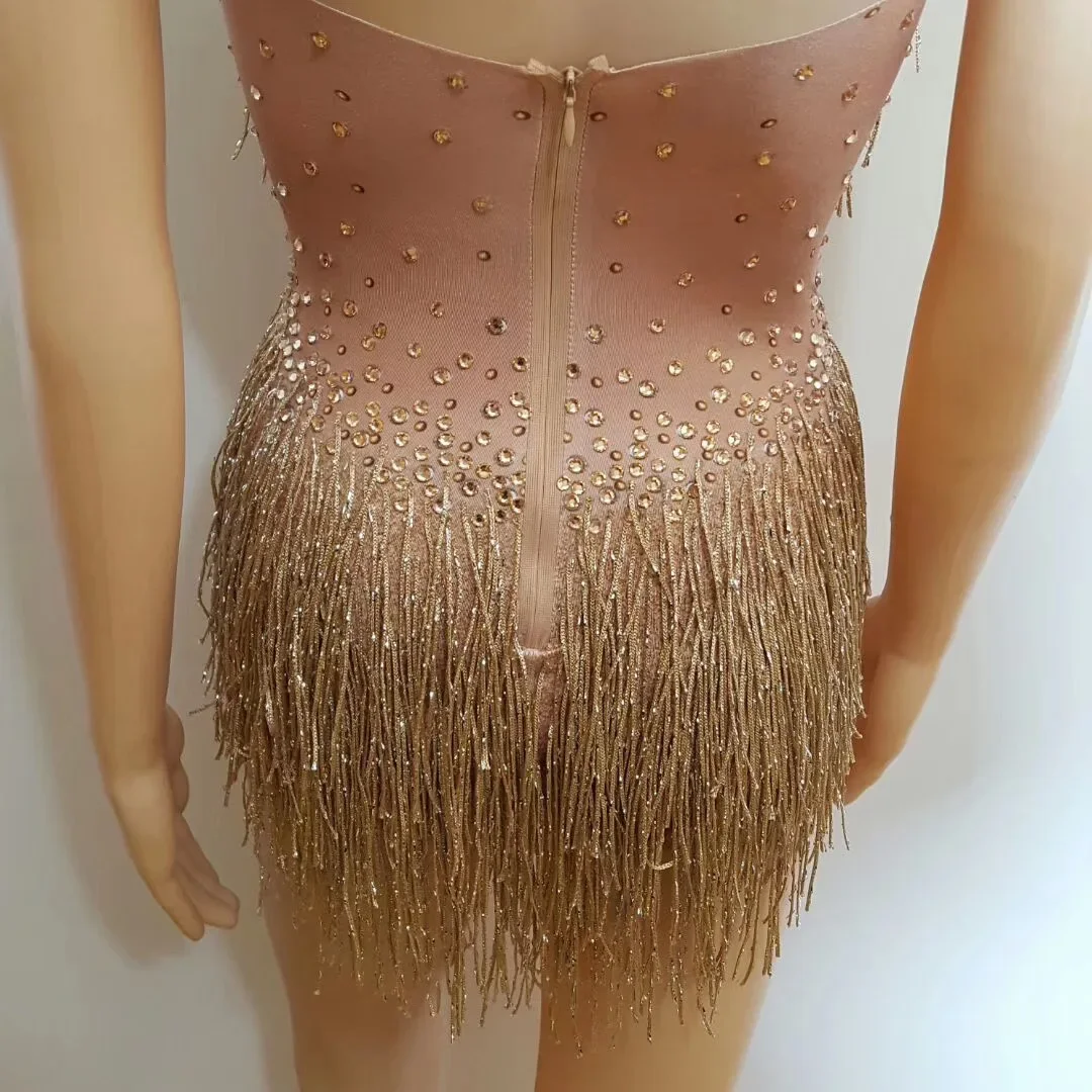 Gold Shining Rhinestones Tassel Sexy Halter Backless Bodysuits For Women Jazz Latin Cloth Stage Singer Costumes Bar DJ Wears