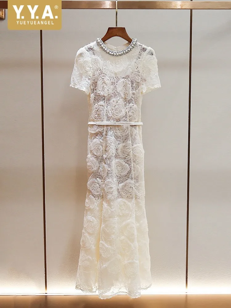 

Элегантное женское платье для отпуска с круглым вырезом, кружевом, тонкой сеткой, воротником с бриллиантовой отделкой, короткими рукавами, приталенное, длиной до середины икры, с цветочным узором, в стиле феи