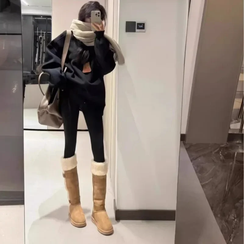 Hot New Women Winter Snow Boot Lamb Wool Leather Fleece Keep Warm Girl Fashion Long Boots Round Toe Thick Western Elegant Shoes