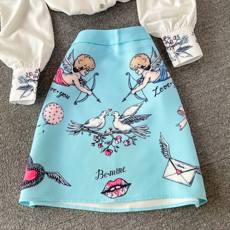 우아한 럭셔리 프린트 디자인 정장 포멀 비즈니스 OL 오피스 세트 탑 셔츠 블라우스 스커트 의상 디너 연회 파티 세트