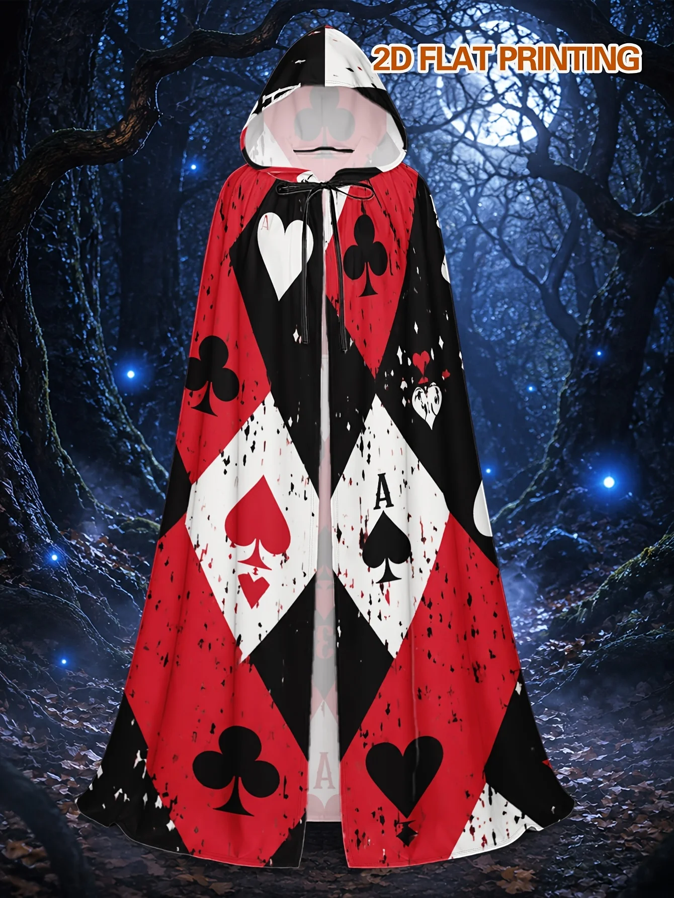 Customization 1pc Adult Witch Robe Hooded Cape With Red & Black Poker Card Diamond Design Hooded Costume Cape, Machine Washable
