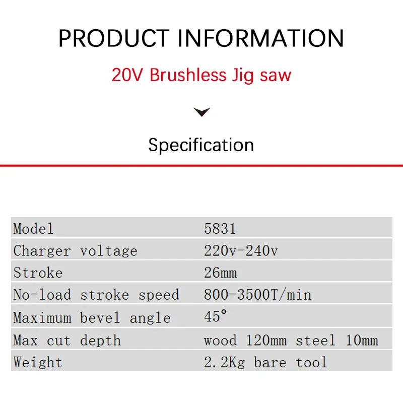 Devon 5831 Cordless Jig Saw Brushless 20v 800/3500T/min Multi-mode Cutting Speed and Angle Adjustable Universal Flex Battery