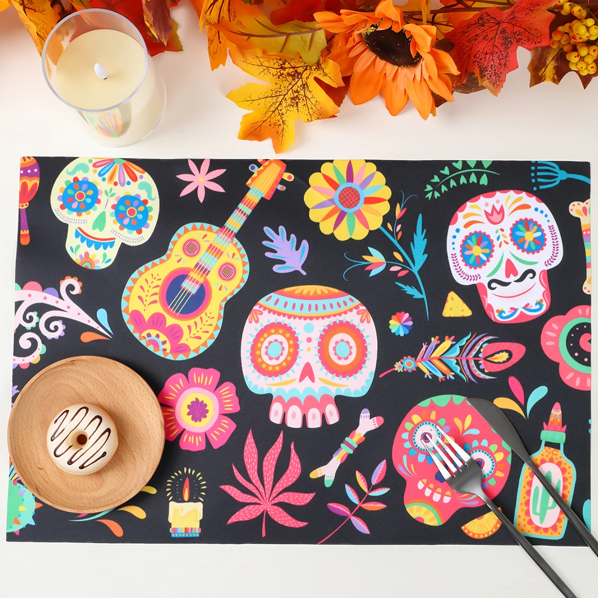 4pcs Mexican Style Colorful Skull Placemats Dia Muertos Decor and Table Protection Day of The Dead Home Supplies Decoration Mat