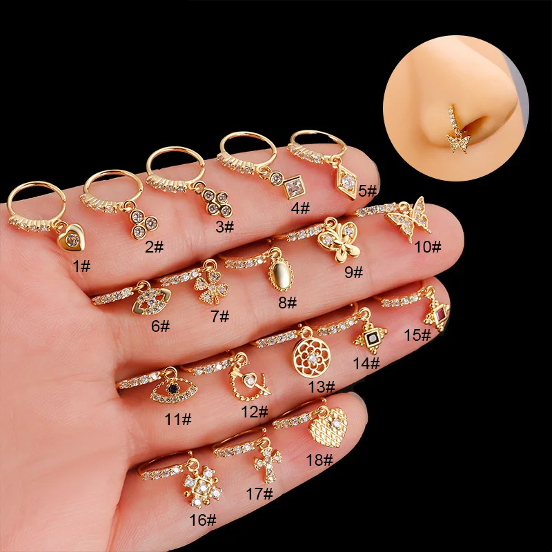 

New 1PC Butterfly Heart Lucky Eye Dangle Hoop Nose Rings for Women Trendy Zircon Pendant Indian Nose Ring Nose Piercing Jewelry