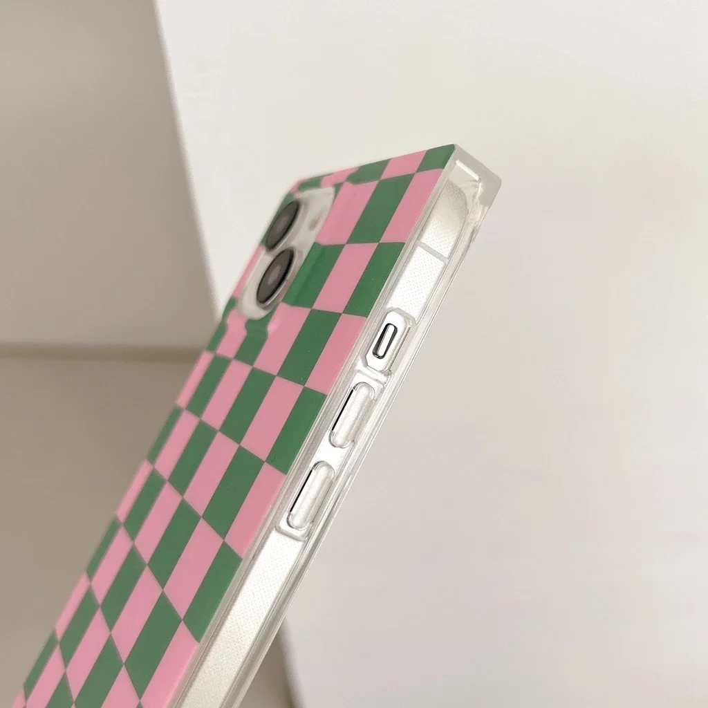 Stylish Rectangle Pink Green Plaid Matte Shockproof Protective Phone Cover Case for iPhone 16 15 14 13 12 Pro Max