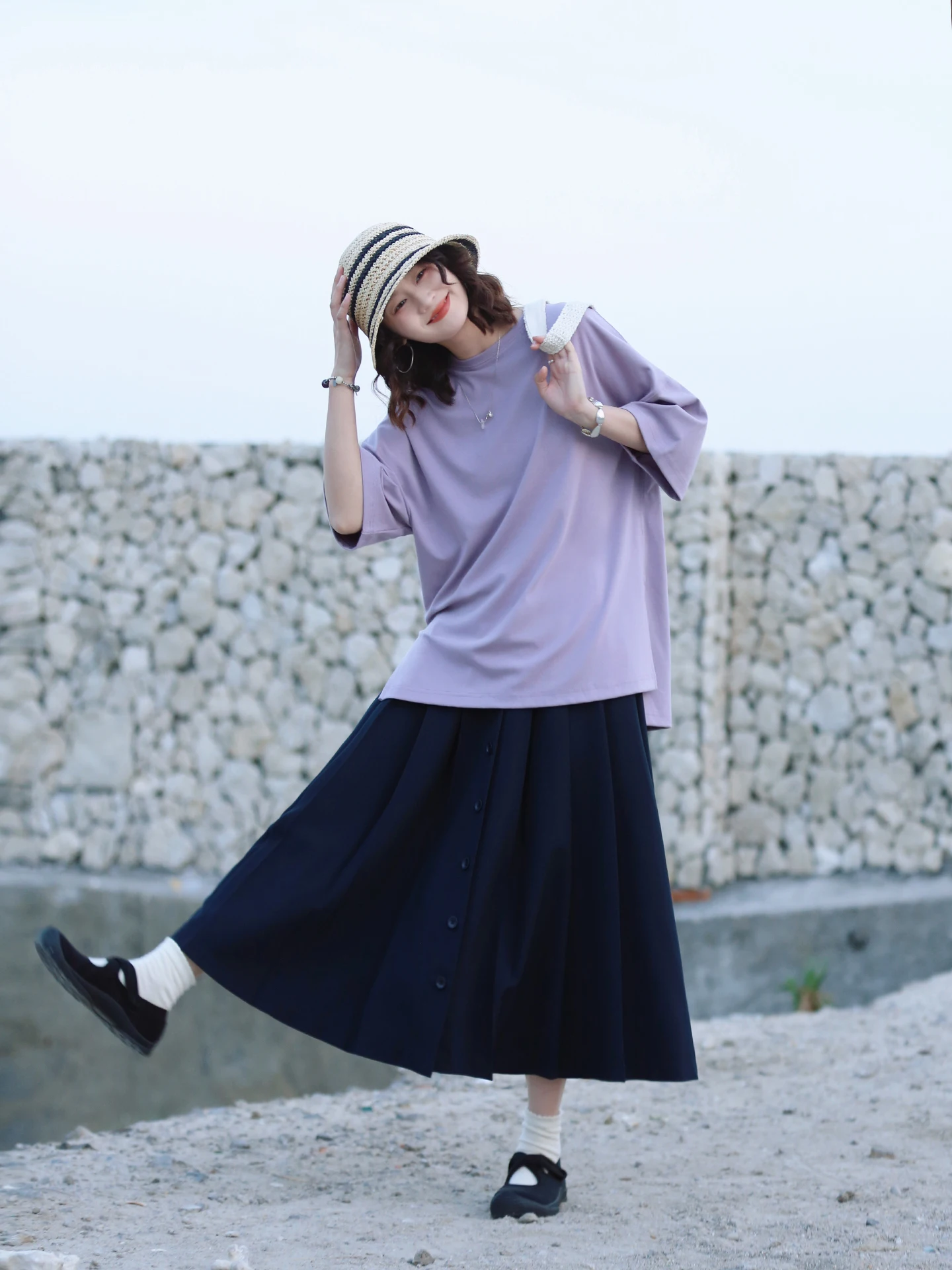 

Весенняя свободная юбка А-силуэта Q567 синего цвета с пуговицами спереди, в студенческом стиле, из полиэстера, с высокой талией, двойного сложения