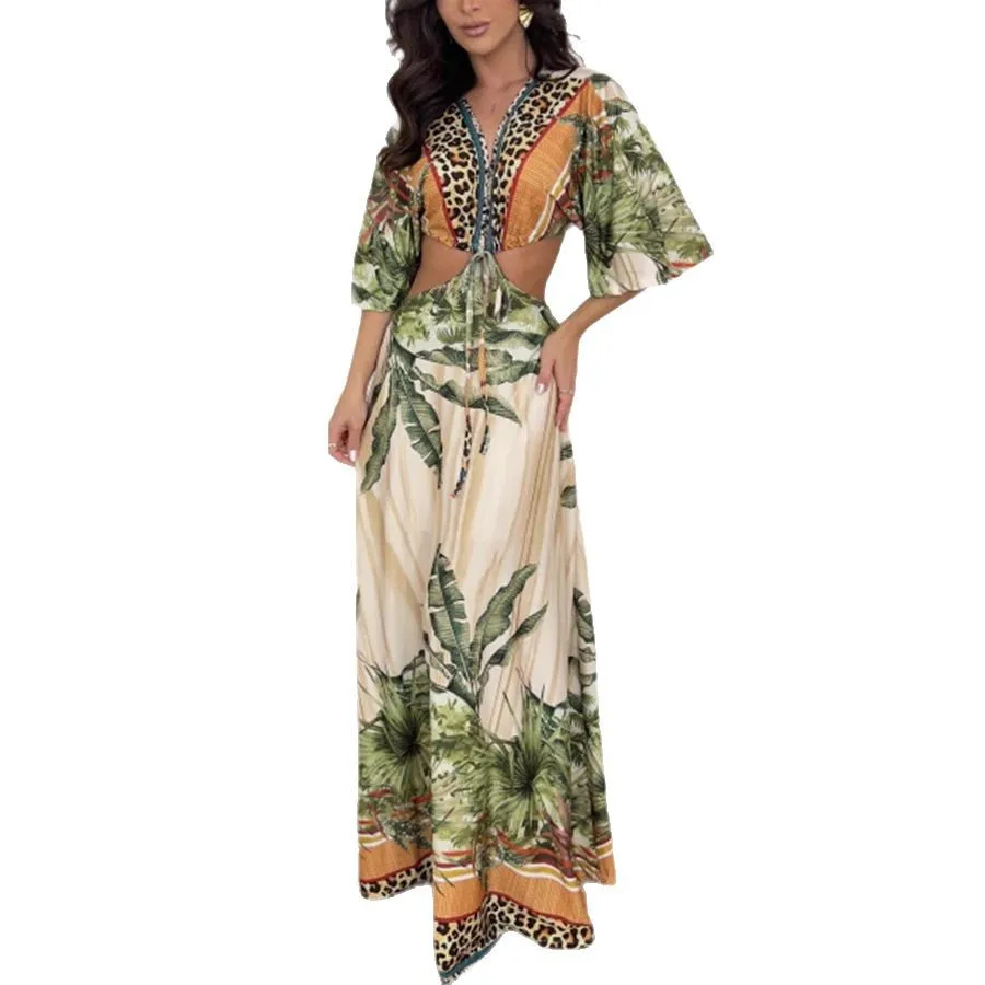 Vestidos bohemios elegantes con cordones para mujer, conjuntos de 2 piezas con estampado de moda para fiesta de cintura alta, blusa Sexy con cuello en V profundo y traje de falda larga