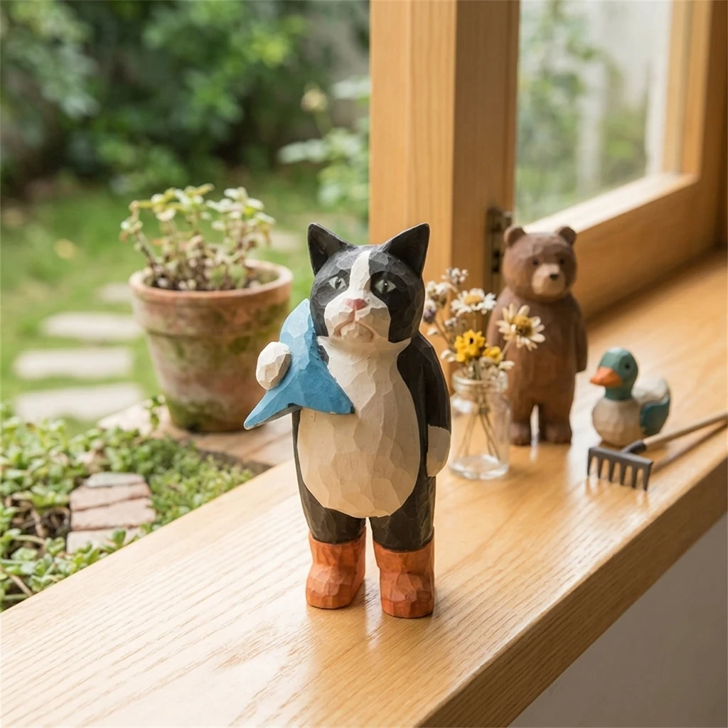 Handmade Wood Cat Figurine Artistic Desktop Ornament for Cat Lovers Gift Hand Carved Animal Sculpture Home Office Decorations