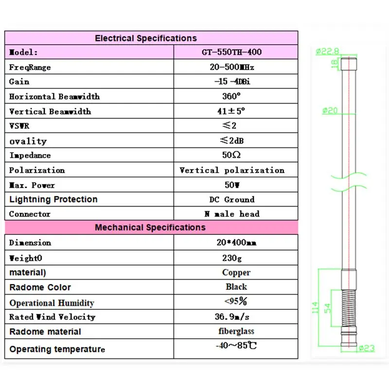 300-500 MHz Antenne mit Federstoßdämpfung, OMNI-Glasfaserantenne, N-Stecker, 100-300 MHz, 20-500 MHz Hochleistungs-Modulantenne – Detail 1