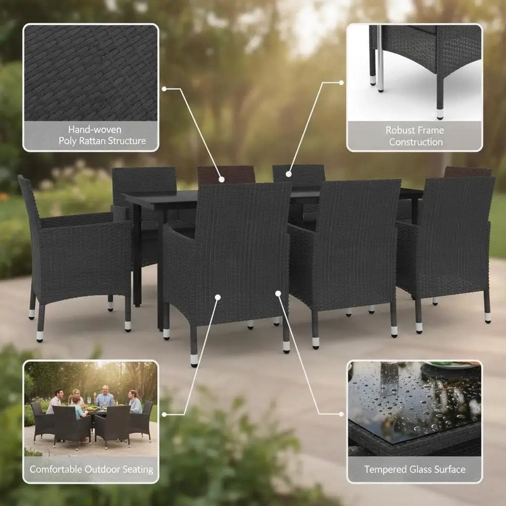 Ensemble de salle à manger de jardin 9 pièces 73,7 x 56,1 x 55,1 cm, couleur noire, structure en acier enduit de résine, plateau en verre tressé, avec coussins rembourrés, décoration moderne, terrasse, balcon, espace extérieur