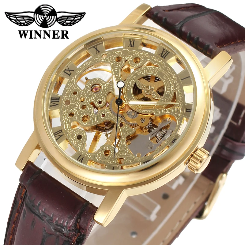 Transparent Golden Case Luxury Casual Design Brown Leather Strap Mens Watches Top Brand Mechanical Hand Wind Skeleton Watch