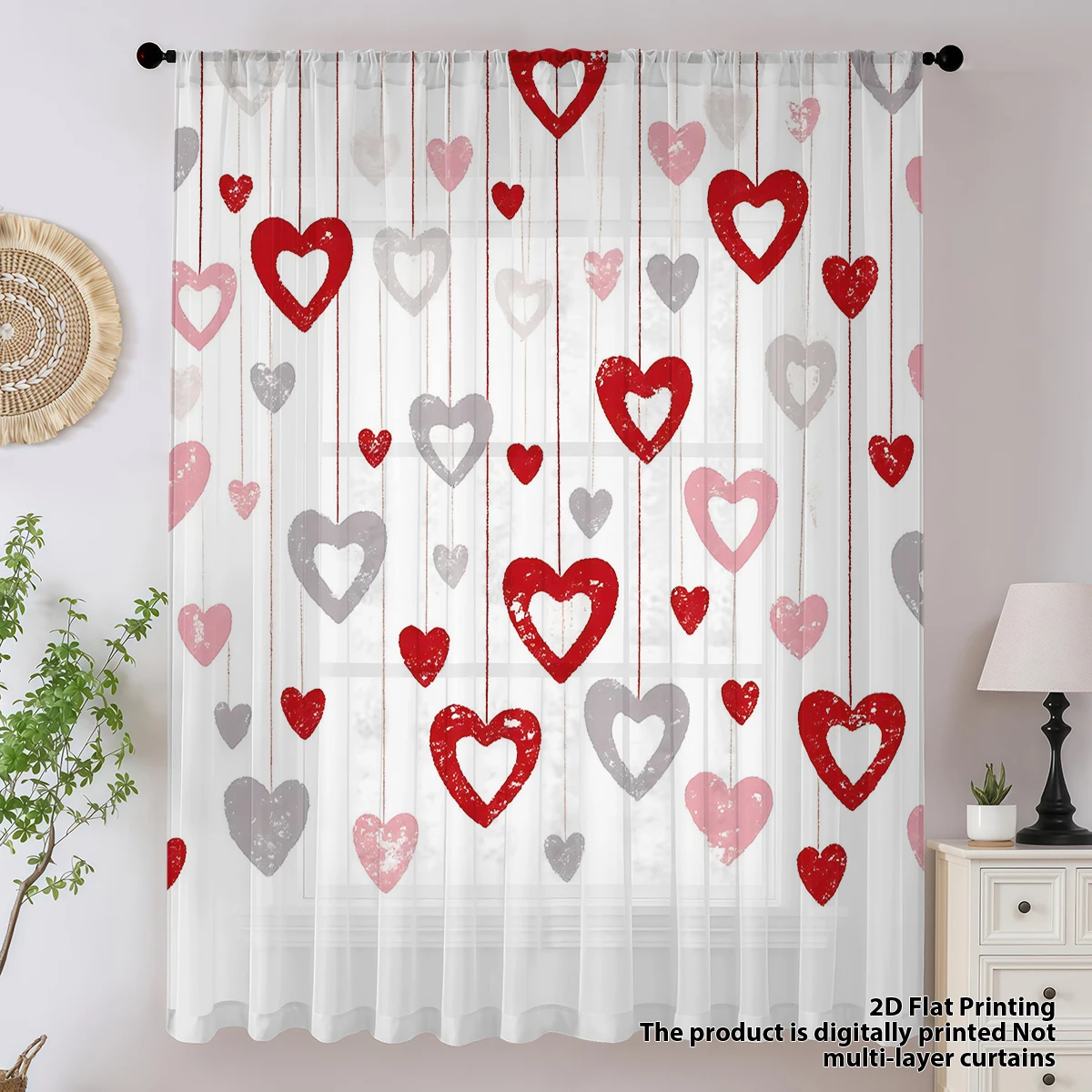 1 PC Red Heart Print Sheer Curtain, Mother's Day 70% Light Filtering Privacy Sheer Curtain for Living Room Bedroom Study, Remova - view 6