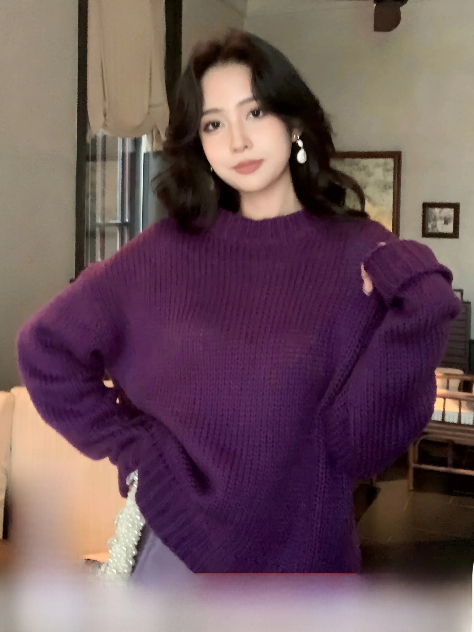 

Loose Long Sve Knitted Sweater Pure Color round Ne oulder Insertion Cotton Yarn Thiened Casual Sle for Women