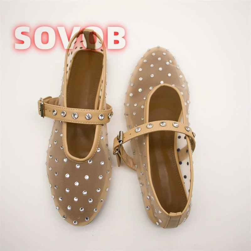 

Nude Mesh Flat Shoes for Women Round Toe Crystals Details Mary Jane Shoes Fashion Ballet Flat Shoes Beach Summer Walking Shoes