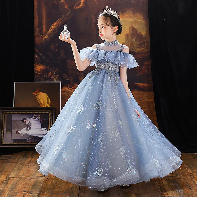

Luxury Evening Party Princess Dresses Elegant Girls Tulle Long Prom Gowns School Banquet Children Host Slim Fit Fashion Costumes