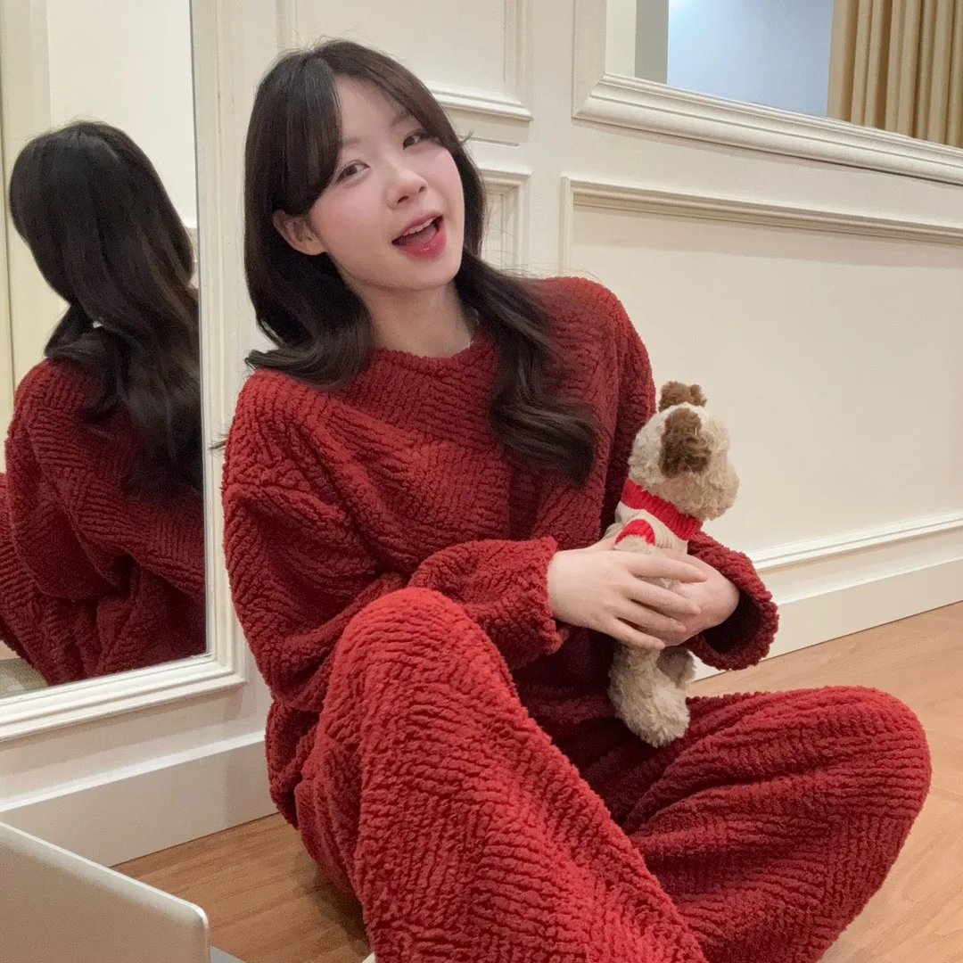 

Red Coral Fce Pajamas Thi Warm Wedding Celebration Outdoor Wearable Home Clothes Two-Piece Set Winter Long Sve round ...