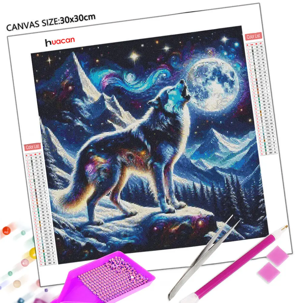 Huacan Diamond Painting Animal Rhinestone Full Drill Mosaic Wolf Mountain Landscape Complete Kit Art Home Decor
