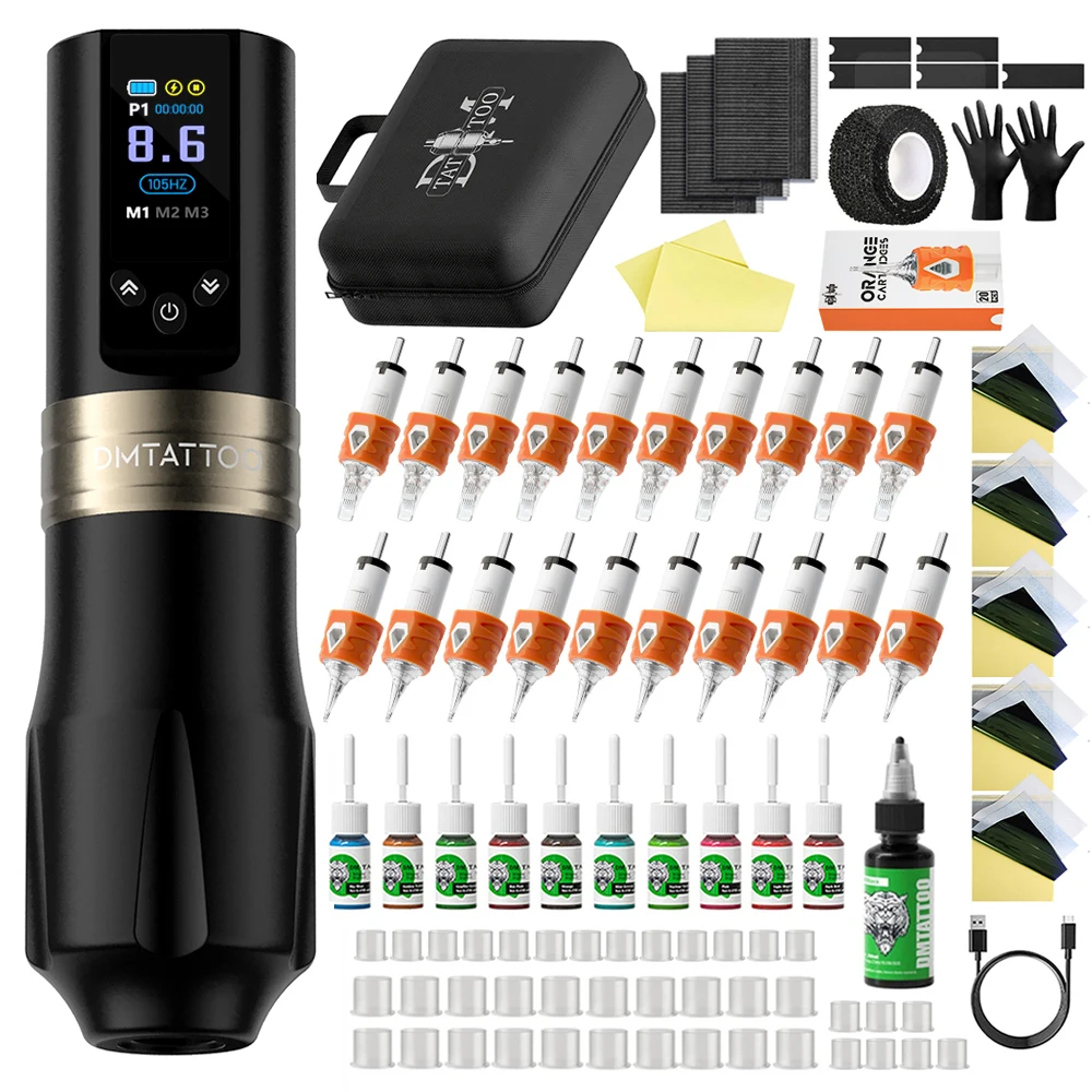 

Комплект беспроводной тату-машины DM Cesar, 1800 мАч, аккумулятор высокой емкости, индивидуальный мотор, тату-пистолет с 20 шт., оранжевая игла для татуировки