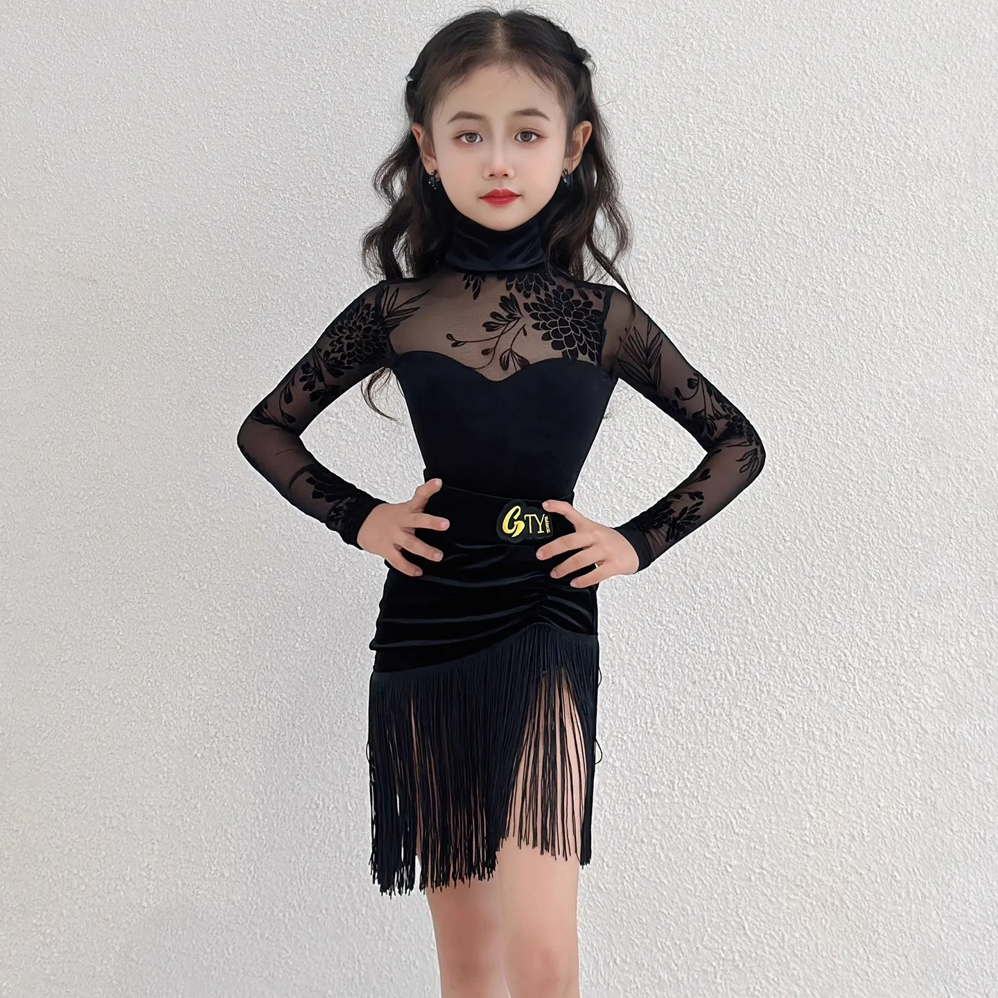 

Latin Dance Dress Mesh Print Long Sleeve Top Skirt Split Suit Performance Stage Costumes Samba Chacha Dance Clothes DQL12038