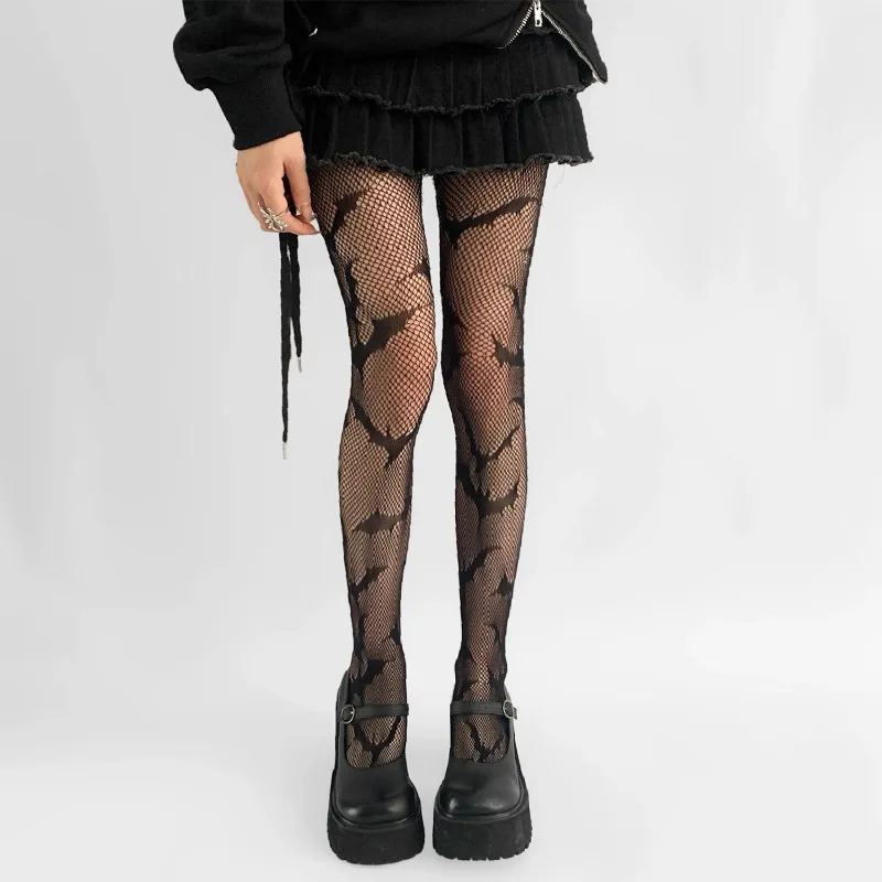 أسود القوطية الخفافيش Spiderweb شبكة صيد السمك الجوارب الظلام مثير تخزين للنساء هالوين زي الاكسسوارات الجوف خارج طماق مرنة #6