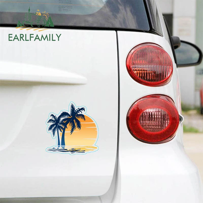 EARLFAMILY 13cm x 13cm for Beach Palm Tree Car Stickers Vinyl Car Wrap Decal Anime Funny Camper RV JDM Motorcycle Decoration