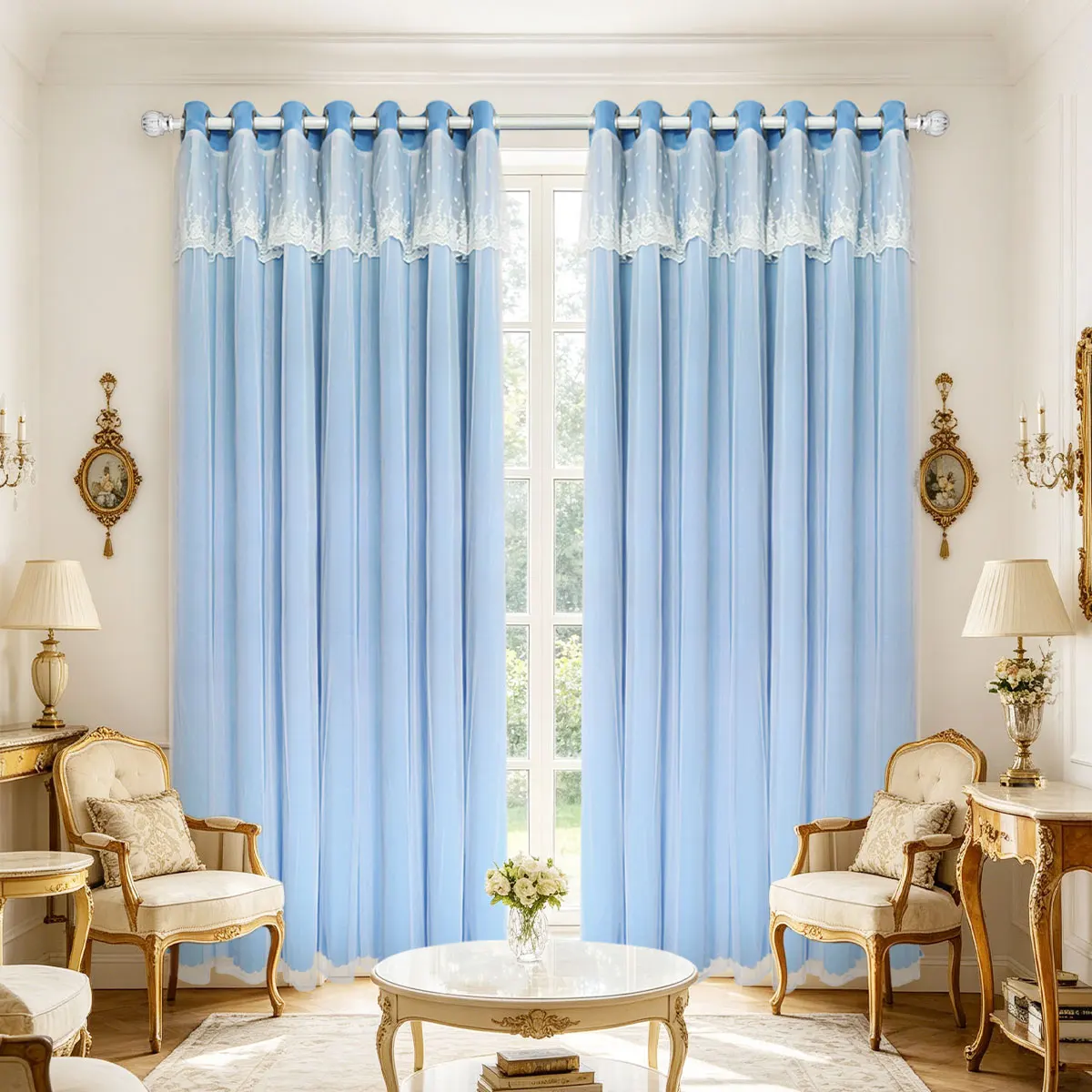 Sky Blue Double Layer Lace Grommet Curtains, Sheer Light Filter Drapes for Fresh French Kid Room Cottage Home Decor