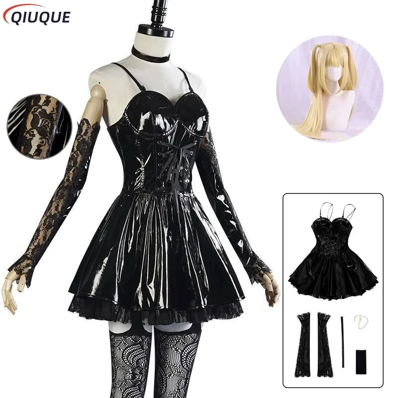 

Misa Amane Cosplay Costume Wig Imitation Leather Sexy Dress Necklace Lace Sleeves Stockings Women Uniforms Anime Outfits