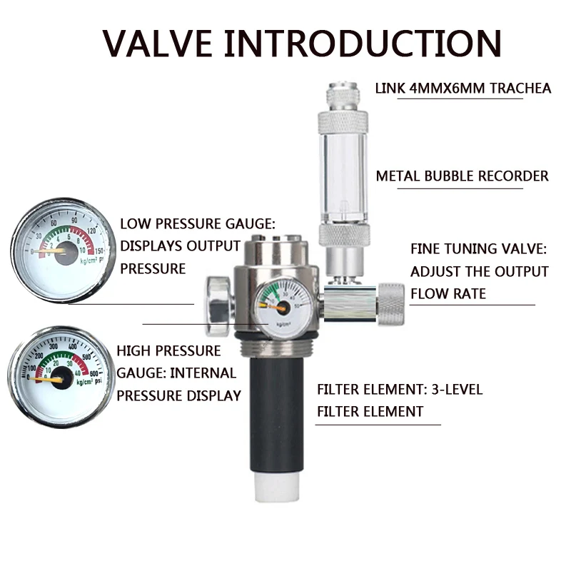 ZRDR Aquarium CO2 Generator Stainless Steel Double Gauge Valve Internal Thread Steel Cylinder Valve Fish Tank CO2 Accessories