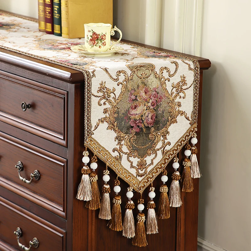 Retro Jacquard Embroidery Table Runner Luxury Dining Room Table Runner Home Coffee Table Cabinet Classic Long Strip Cover Cloth