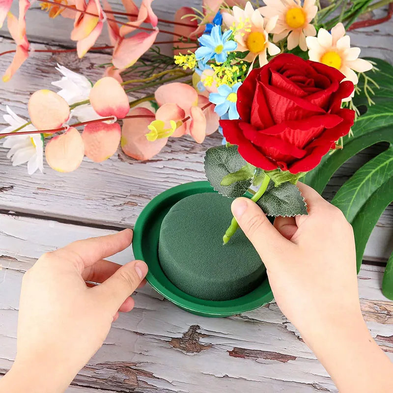 1/4/8/12x Round Floral Foam with Bowl Green Artificial Flower Arrangement Mud Florist Floral Foam Block Brick DIY Craft Supplies