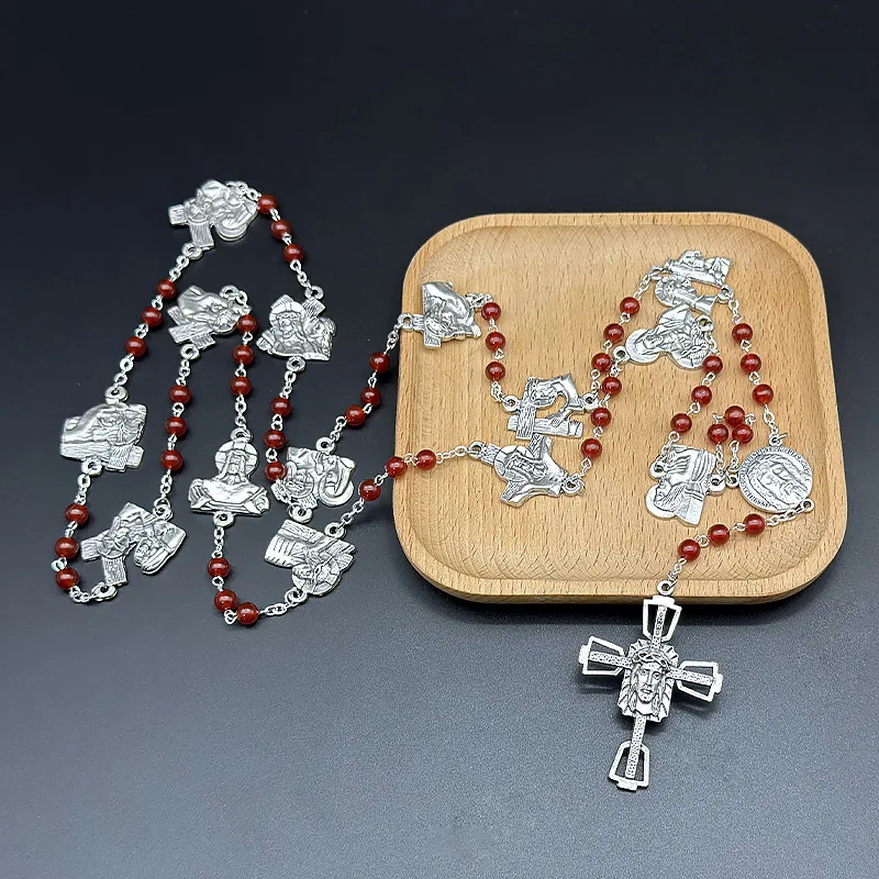 Collier croix chapelet chrétien catholique, quatorze Cruces, accessoires de perles de prière, chaîne italienne