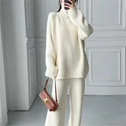 Solid Color Loose Knit Two-piece Set, Ladies Autumn Winter Fashion Diagonal Zipper Sweater Top + Wide-leg Pants Casual Knit Suit