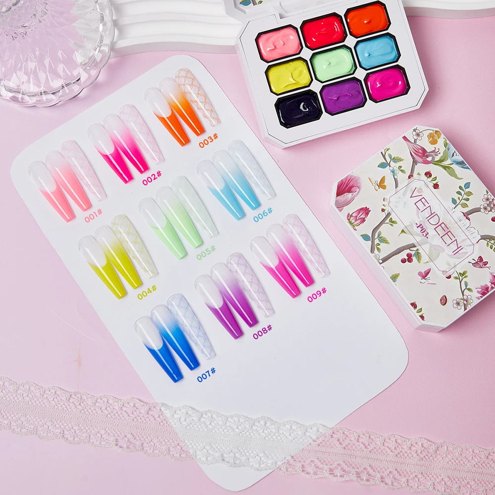 Vendeeni 9 Farben Patting Painting Gel Nagellack UV LED Soak Off Gel Lack Gradient Pat Gel Palette Blooming Transfer Design – Detail 10