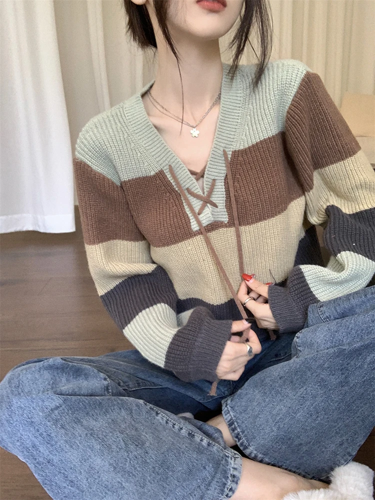 Striped Sweaters Women Panelled Autumn Winter V-neck Cropped Lace-up Knitwear All-match Simple Japanese Preppy Style Temperament