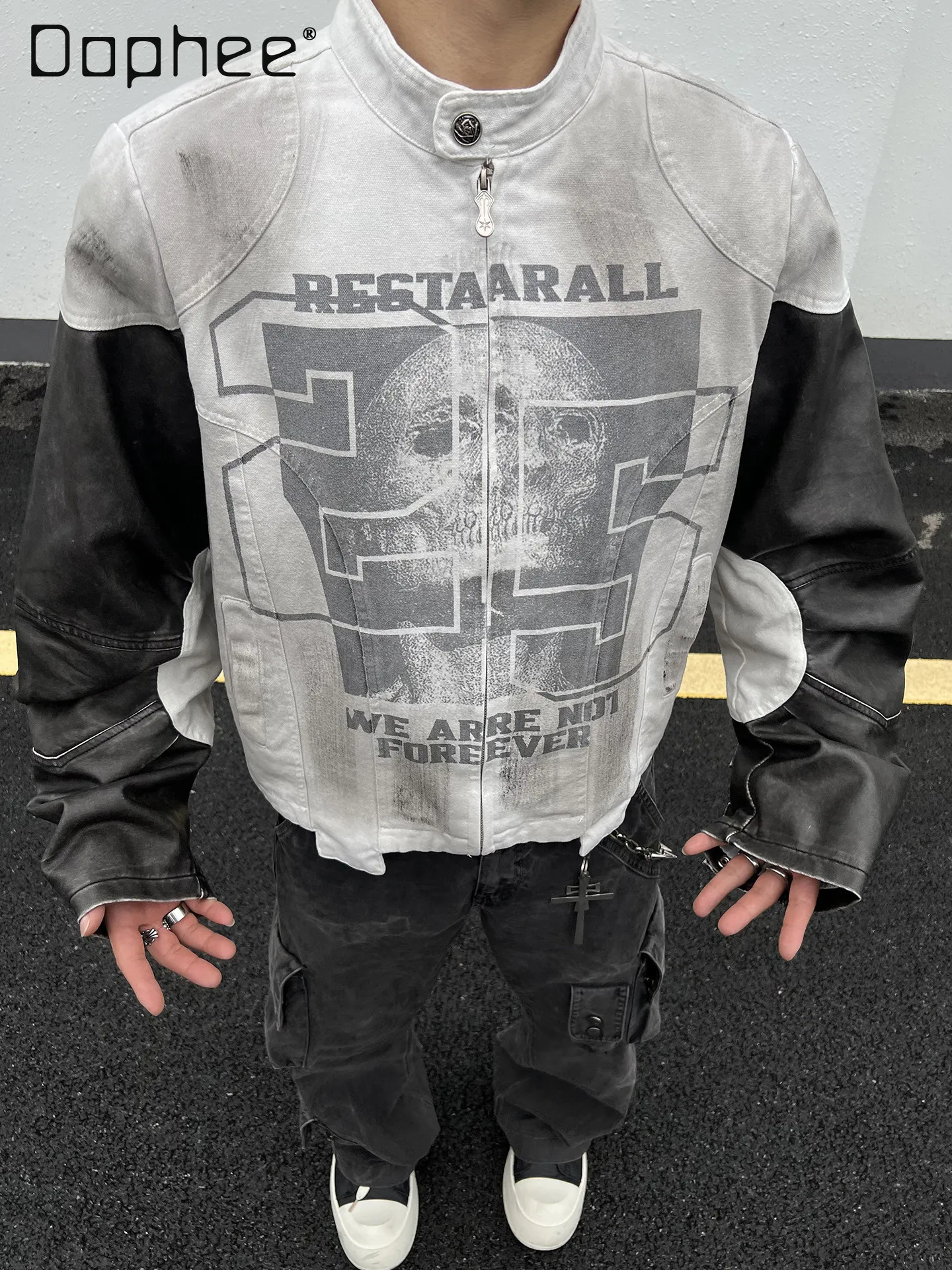 

Spring Autumn New American Retro Black Gray Stand Collar Jacket for Men Handsome Loose Casual Character Print Short Coat