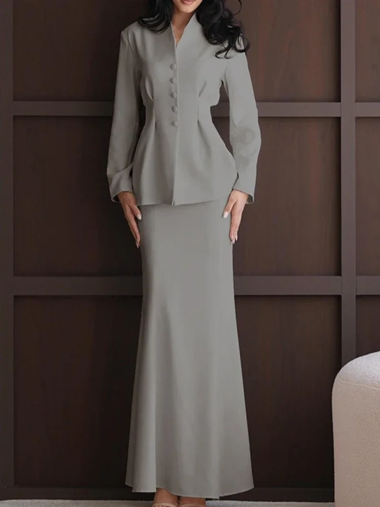 

2025 Commute 2 Piece-Set Clothes For Women Autumn Solid Long Sleeve Tapered Waist Top And High Waist Long Mermaid Skirt