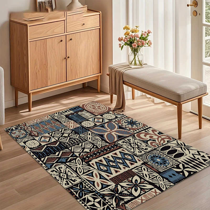 Durable Tribal Patchwork Area Rug with Geometric Pattern in Blue, Brown, and Cream for Bedroom Living Room Playroom Floor Decor