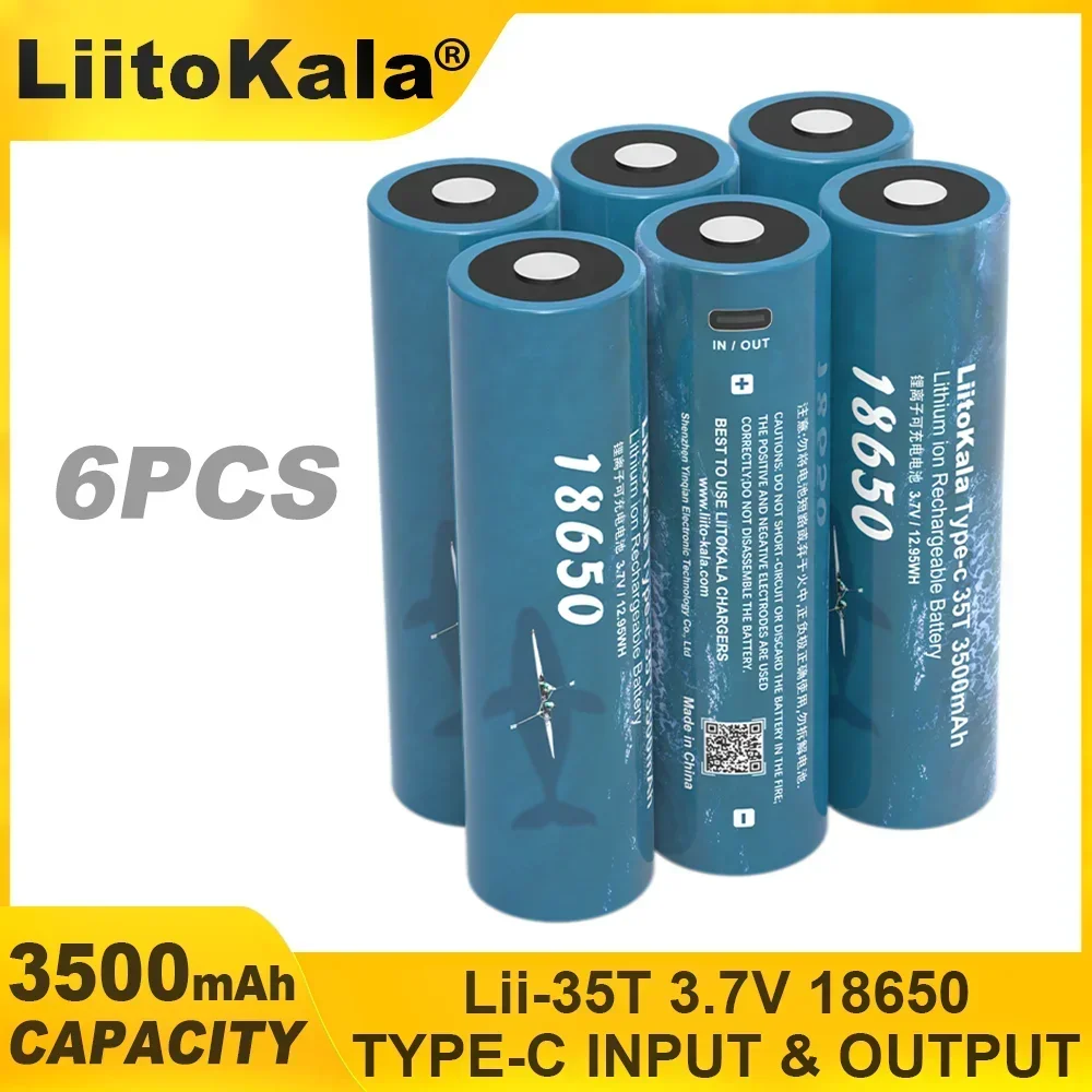 6PCS LiitoKala 35T Type-C 5V Input 3.7V 18650 3500mAh Capacity Rechargeable Lithium USB Battery for Toy Keyboar