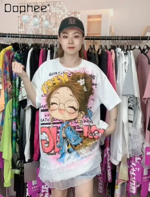 

Tee Tide Brand 2025 Summer New Heavy Industry Lace Splicing Girl Printing Cartoon Medium Length Loose Short-sleeved T-shirt Top