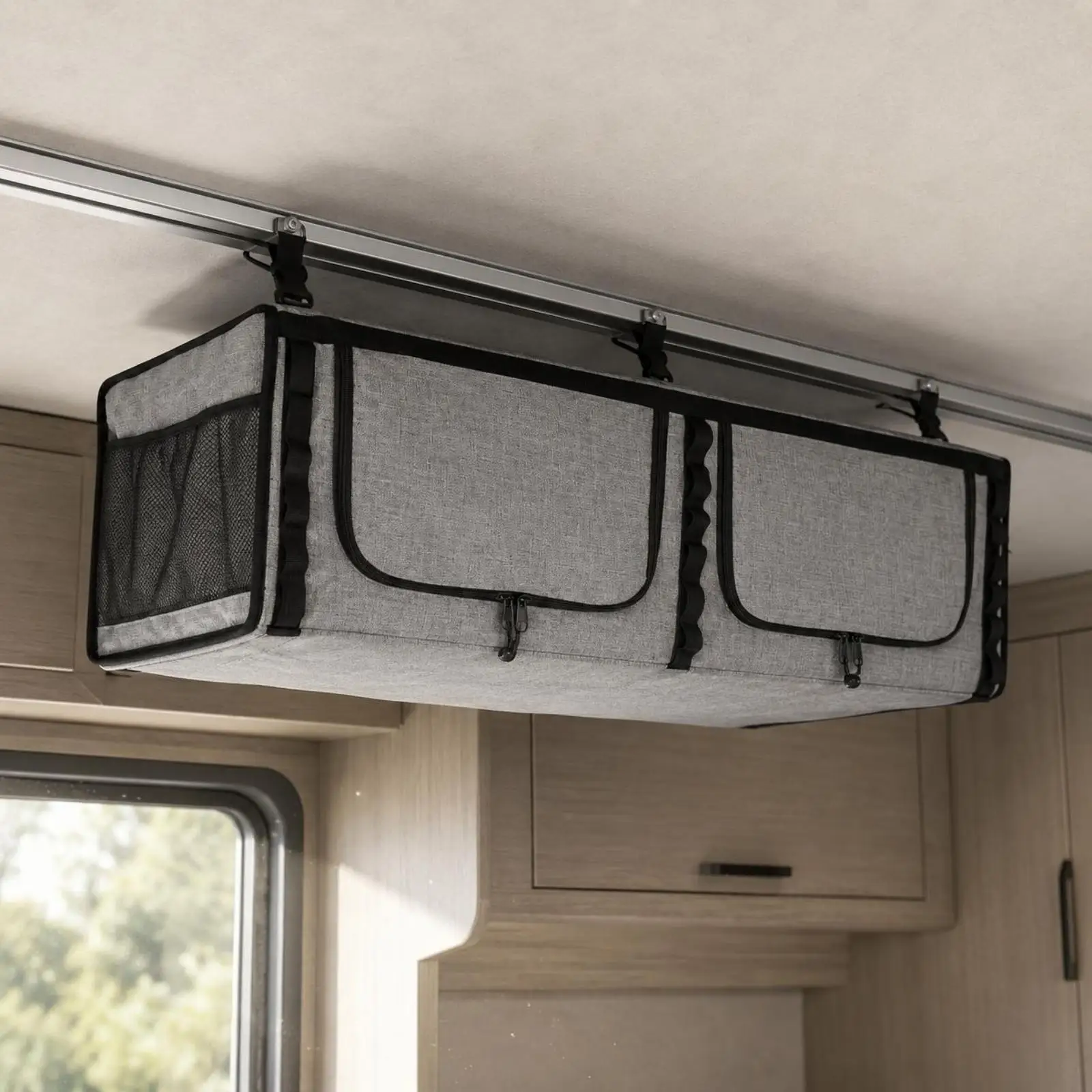 RV Overhead Storage Vehicle Roof Hanging Cabinet Soft Polyester Organizer Two Zip Pockets Breathable Mesh Panels