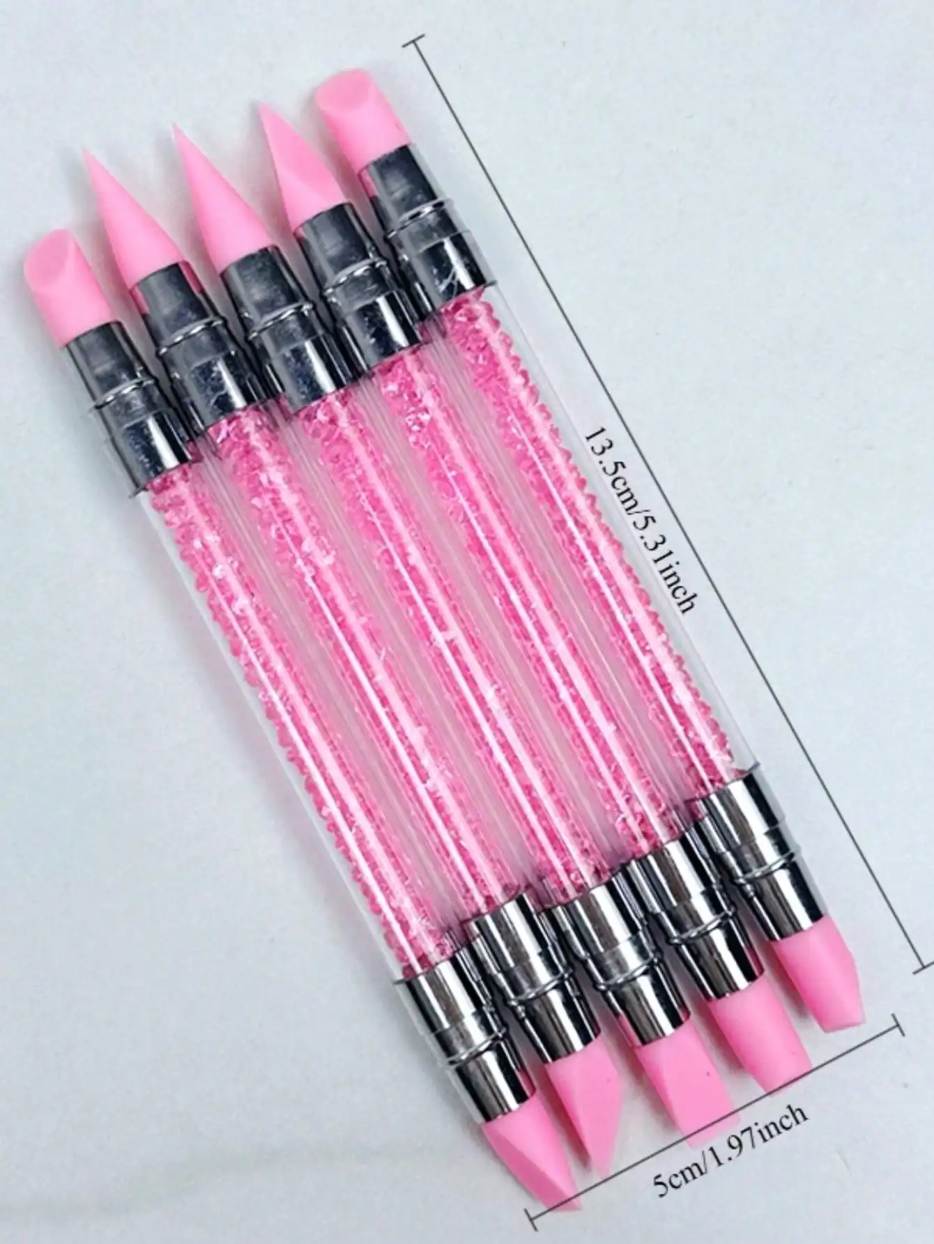 5pcs/Set Pink Double-Ended Rhinestone Nail Art Silicone Carving Pen, 3D Flower Carving DIY Nail Brush Dotting Pen