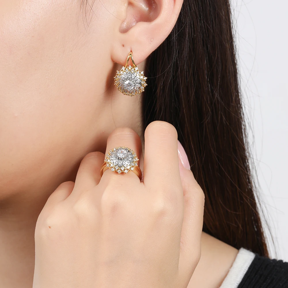 Two-color Snowflake Design Zircon Earring Ring Set