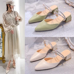 Women Mules Shoes 2024 Summer New Pointed Toe Chunky Heels Ladies Slippers Fashion Plus Size Dress Party Mid Heel Shoes Women