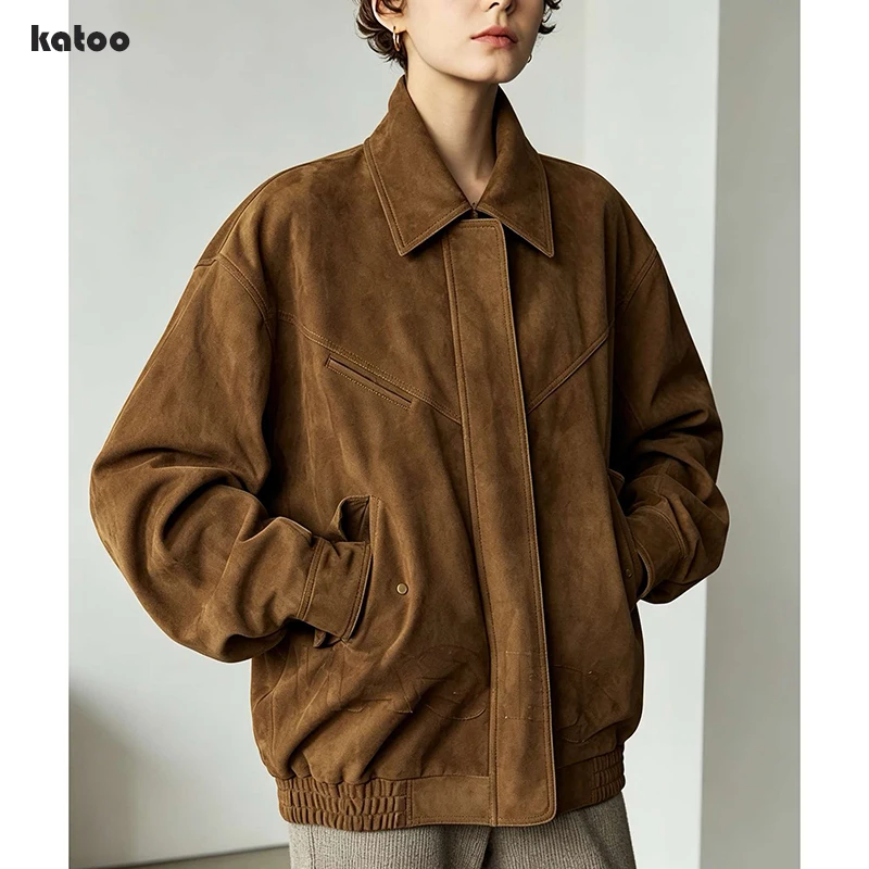 Coffee Retro Real Suede Jacket for Women High Sense Loose Oversized Casual Simple Genuine Leather Coat Abrigos Invierno Mujer